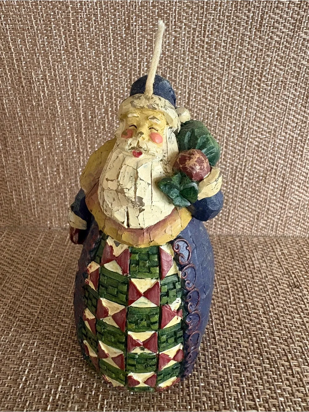 Vintage Santa Claus Single Wick Candle 4.5 Inches Tall Green Geometric Cute